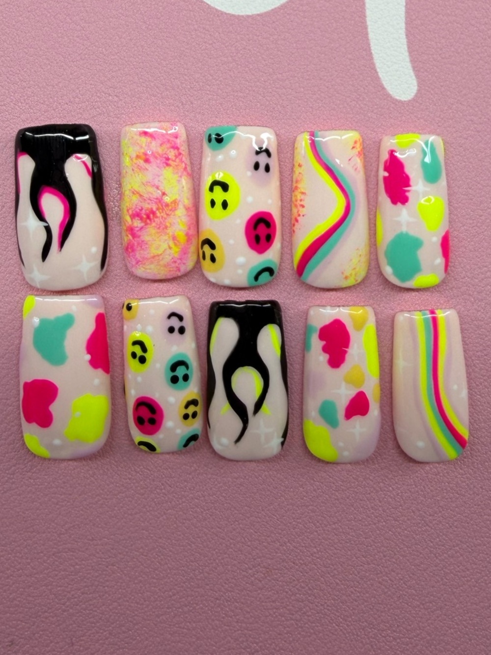 Size Large, Hand-Painted Neon Nail Set with Flames & Smiley Faces